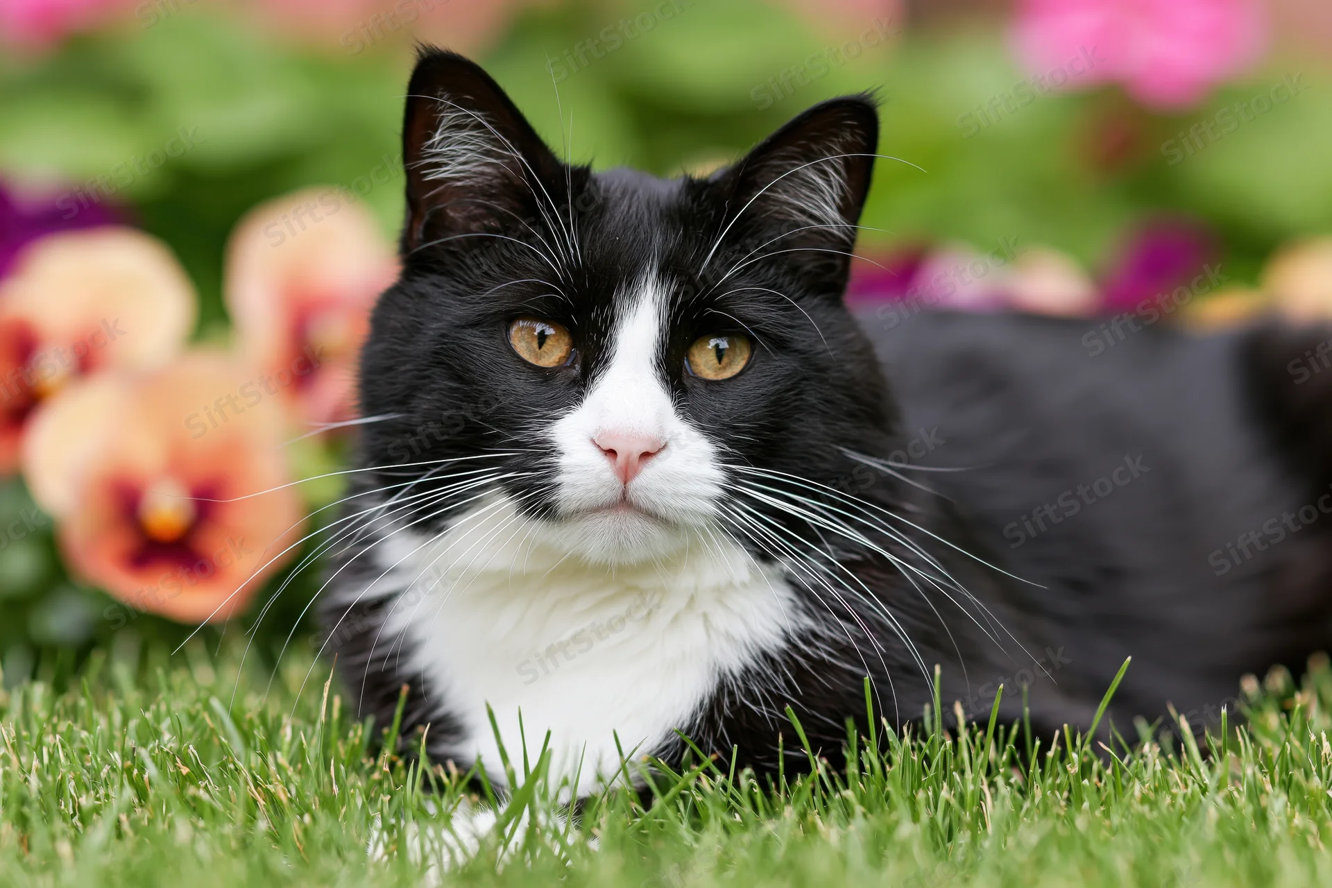Black and white tuxedo cat lying relaxed in short green grass with blurred flowers in background