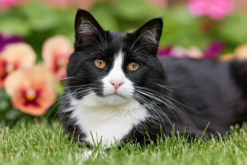 Black and white tuxedo cat lying relaxed in short green grass with blurred flowers in background
