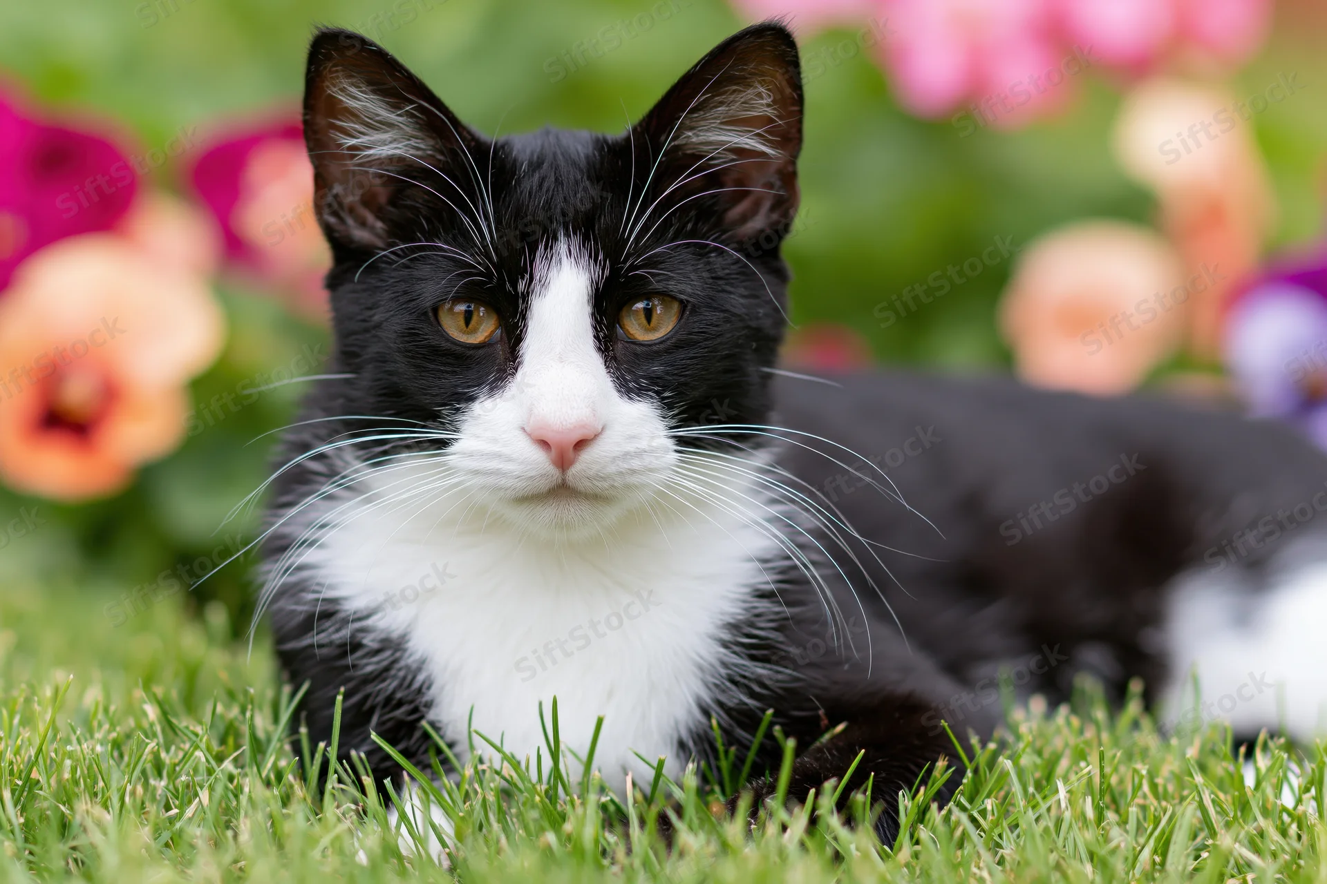 Black and white tuxedo cat lying relaxed in short green grass with blurred flowers in background