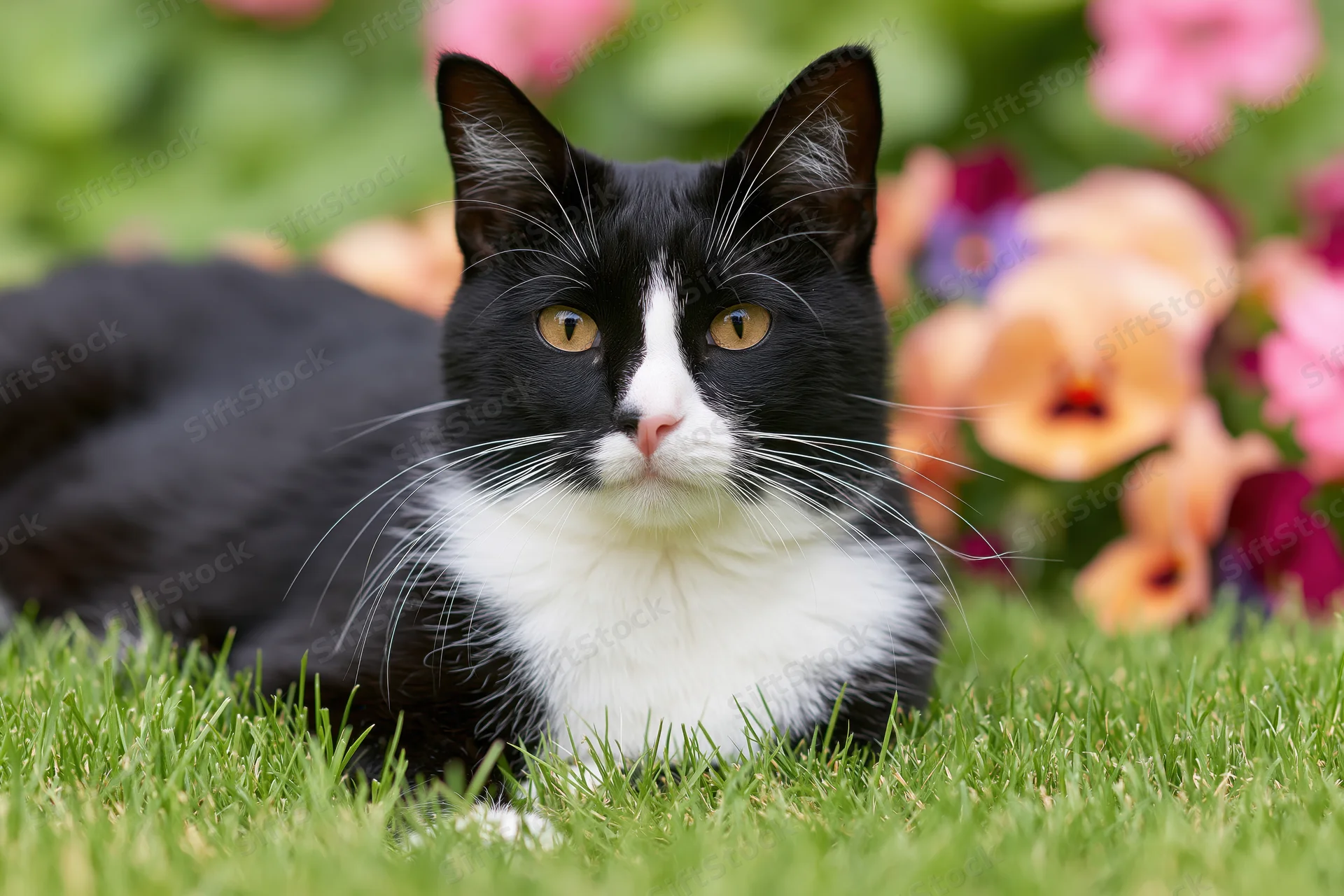 Black and white tuxedo cat lying relaxed in short green grass with flowers in background