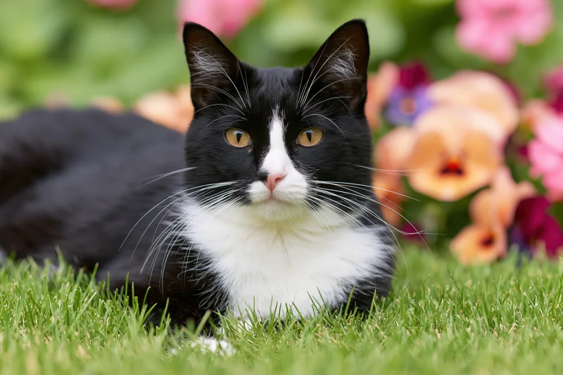 Black and white tuxedo cat lying relaxed in short green grass with flowers in background