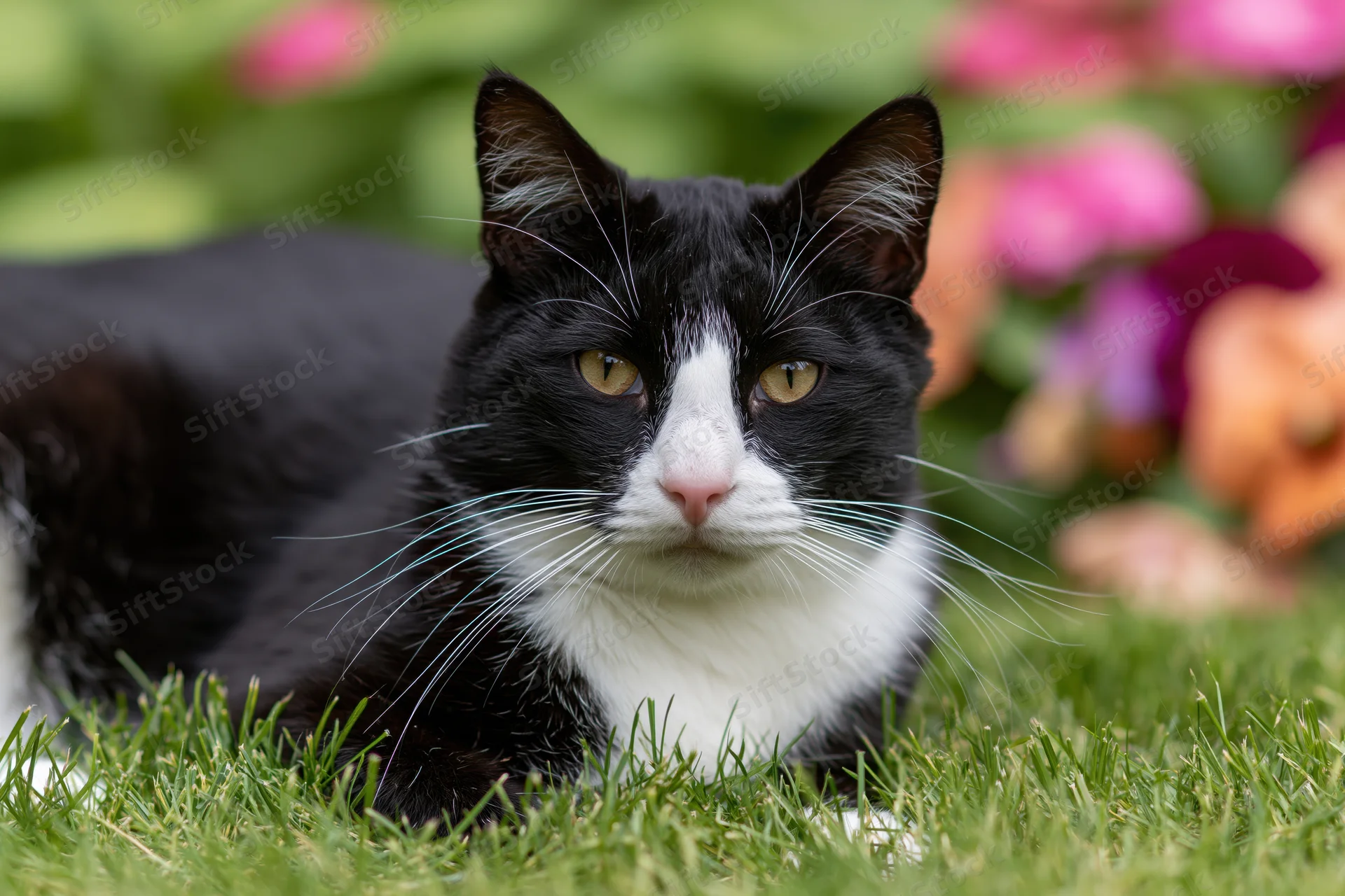 Black and white tuxedo cat lying relaxed in short green grass with blurred flowers in background