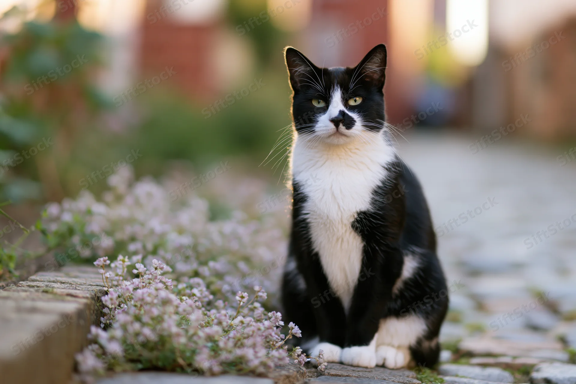 Black and white tuxedo cat sitting upright on cobblestone garden path beside pink flowers