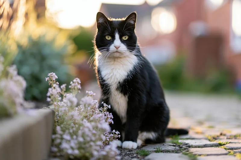 Black and white tuxedo cat sitting upright on cobblestone path beside blooming flowers in garden at golden hour