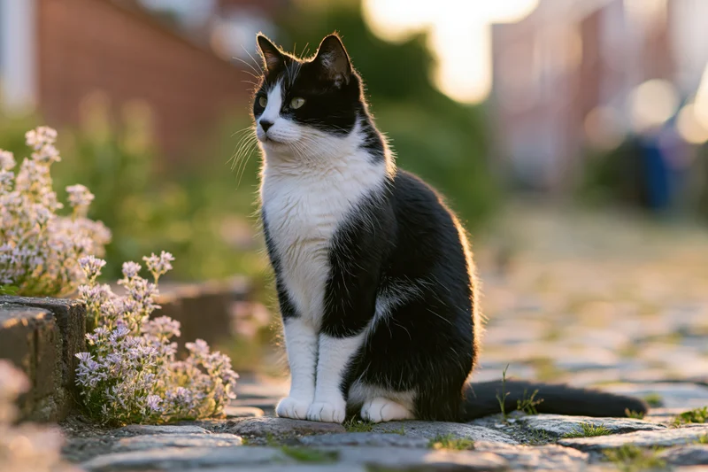 Black and white tuxedo cat sitting upright on cobblestone pavement beside blooming flowers in garden setting