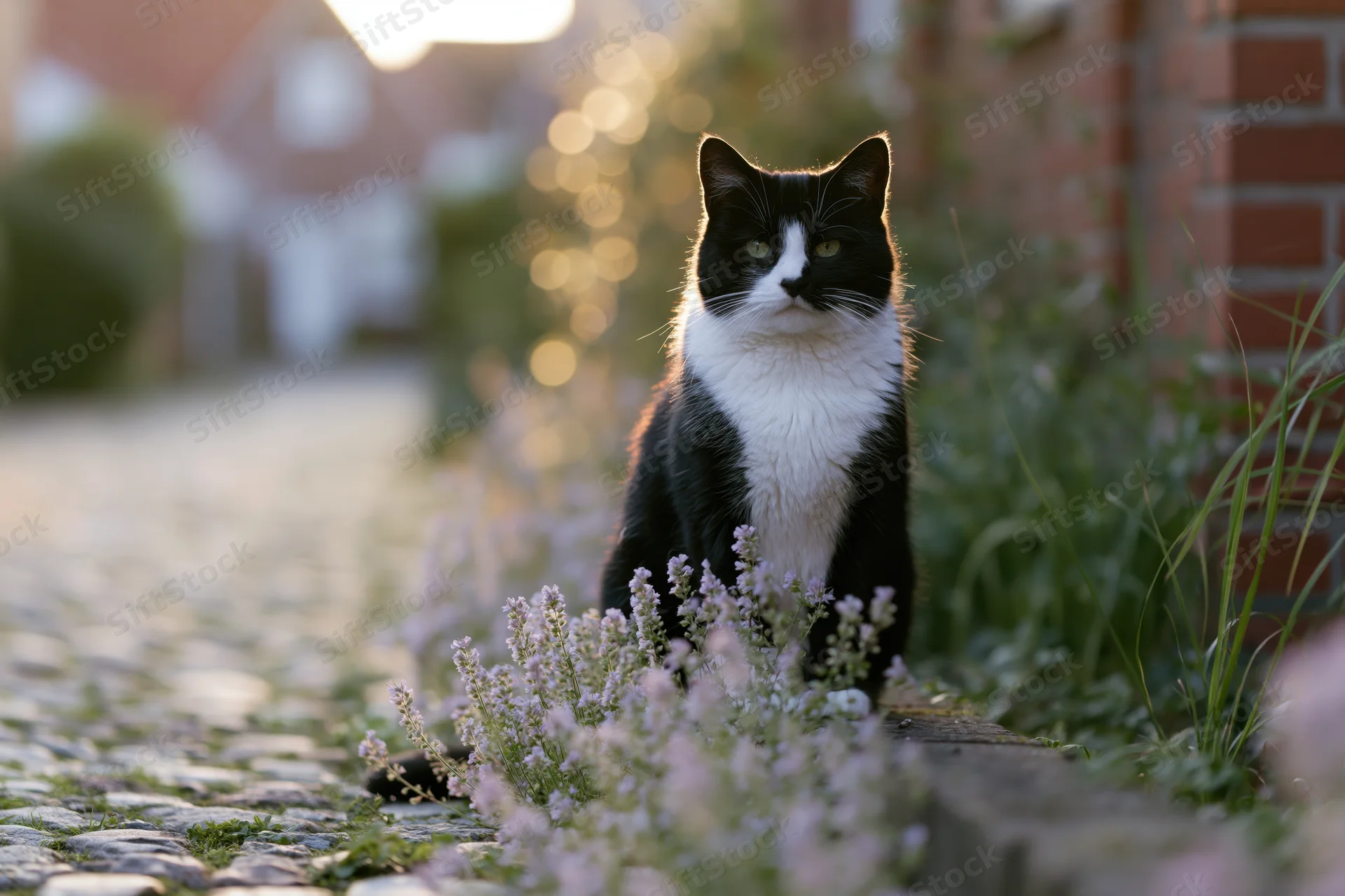 Black and white tuxedo cat sitting upright on cobblestone path beside lavender flowers in garden at golden hour