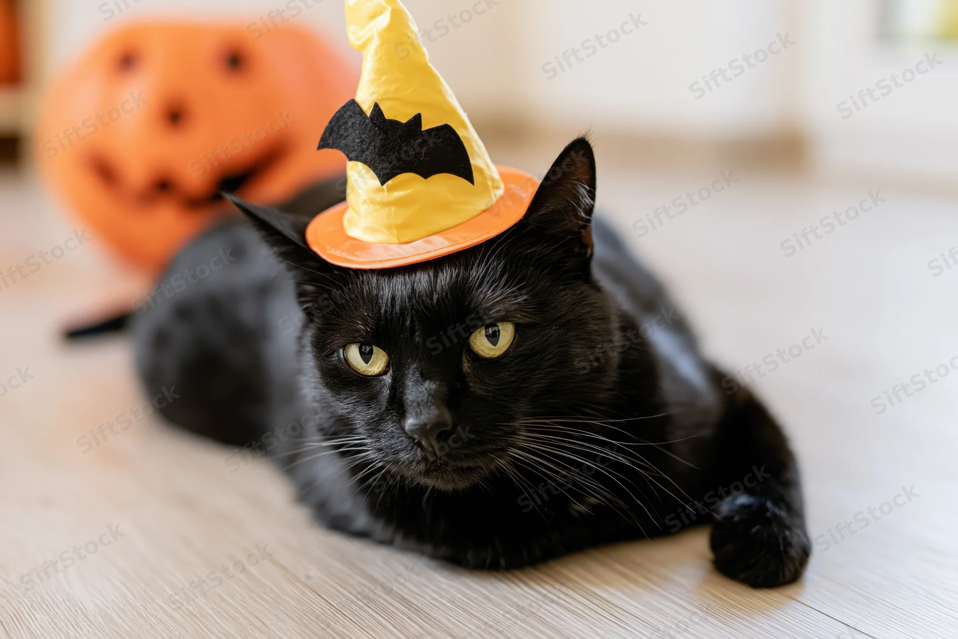 Black cat wearing a yellow and orange witch hat with a bat decoration lying on wooden floor near a carved pumpkin