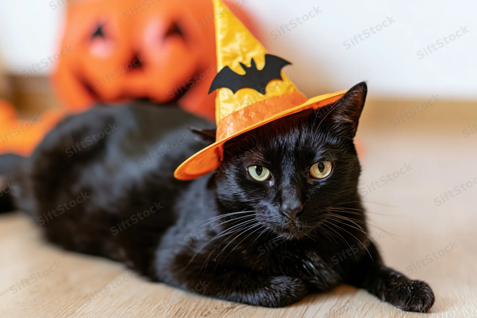 Black cat lying on wooden floor wearing small yellow and orange witch hat with bat decoration, halloween pumpkin in background