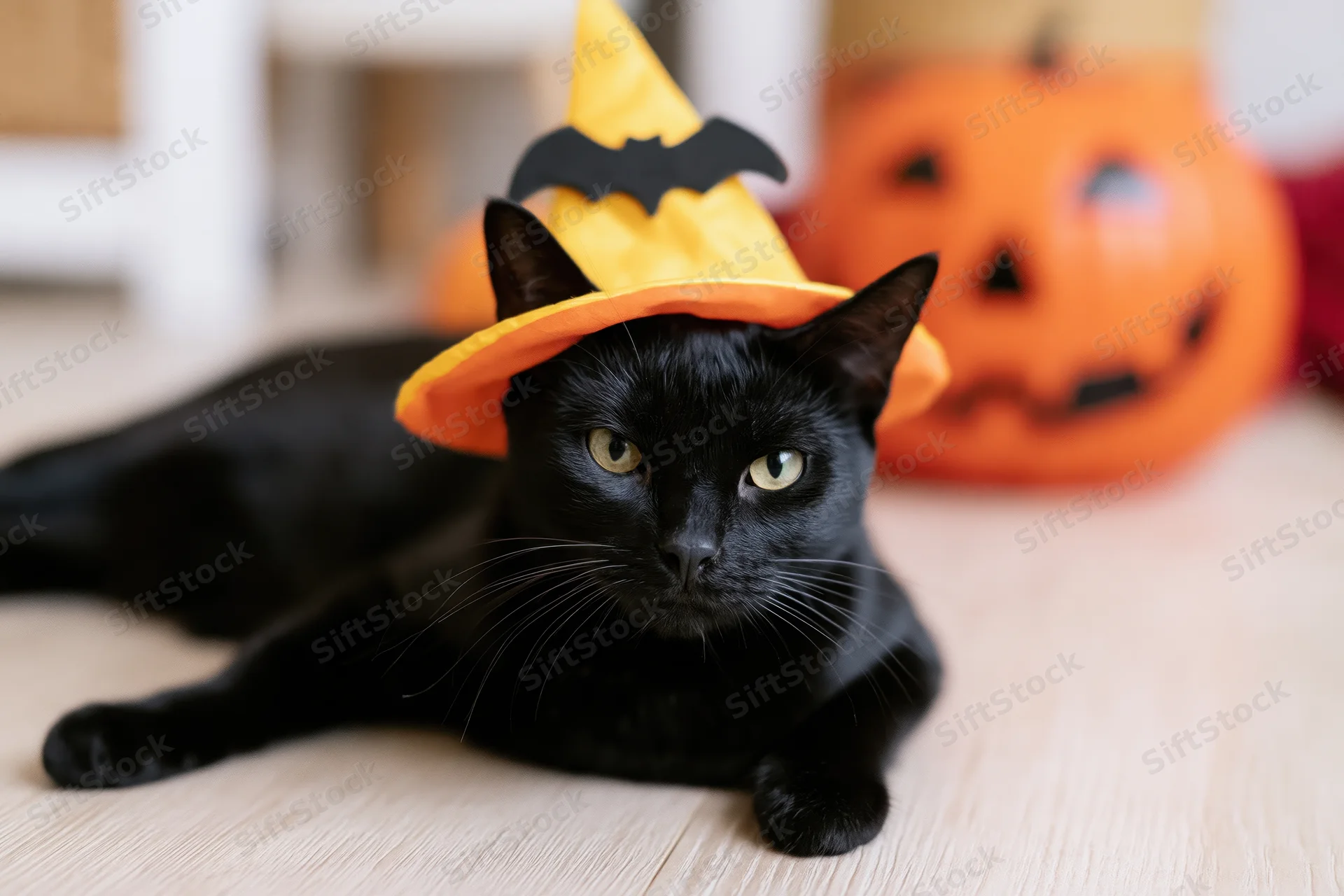 Black cat wearing a yellow and orange witch hat with a bat decoration lying on wooden floor near a jack-o-lantern pumpkin