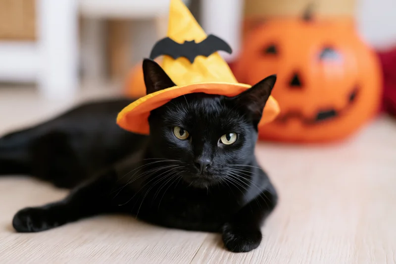 Black cat wearing a yellow and orange witch hat with a bat decoration lying on wooden floor near a jack-o-lantern pumpkin