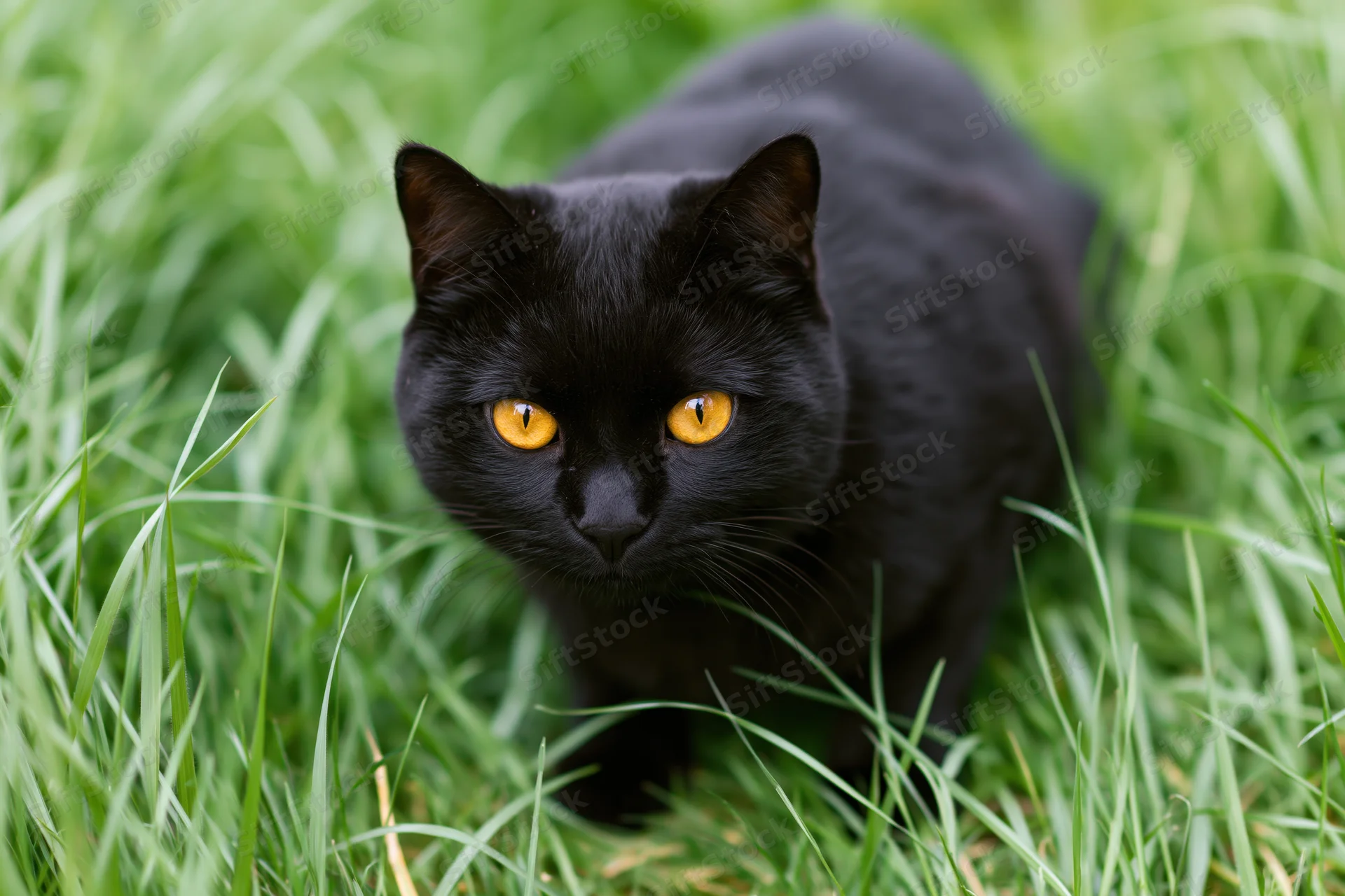 Black cat crouching alert in tall green grass with amber eyes focused forward