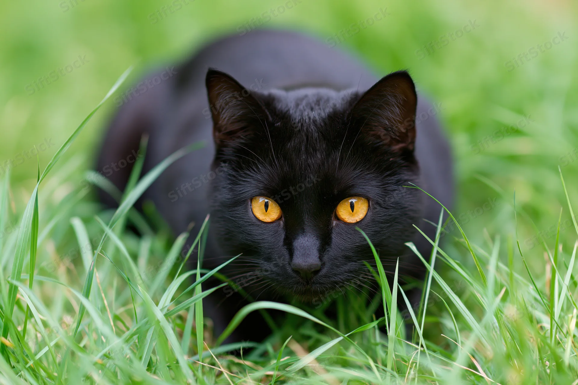 Black cat crouching alert in tall green grass with amber eyes focused forward