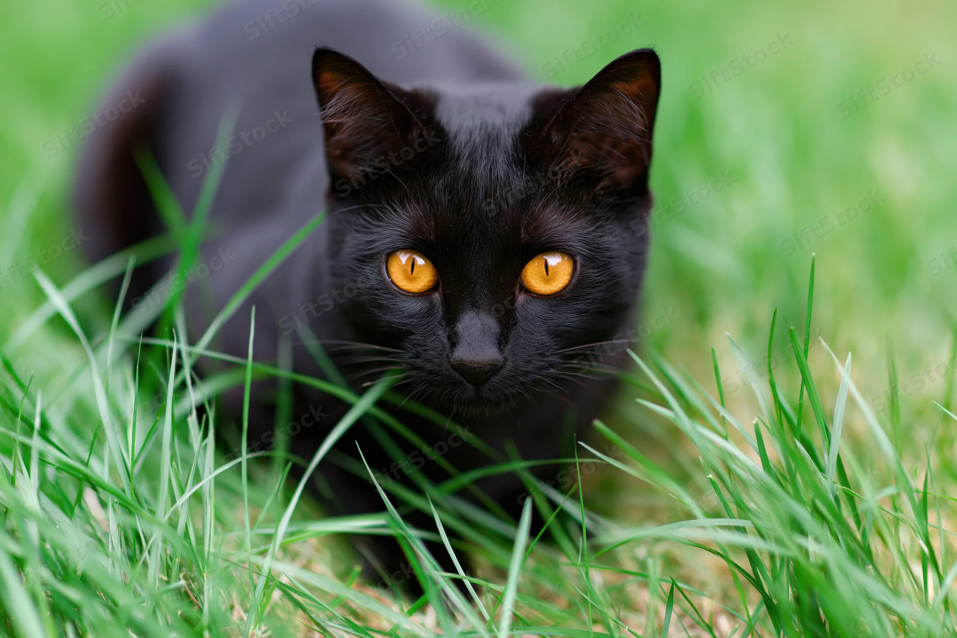 Black cat crouching alert in tall green grass with amber eyes focused forward