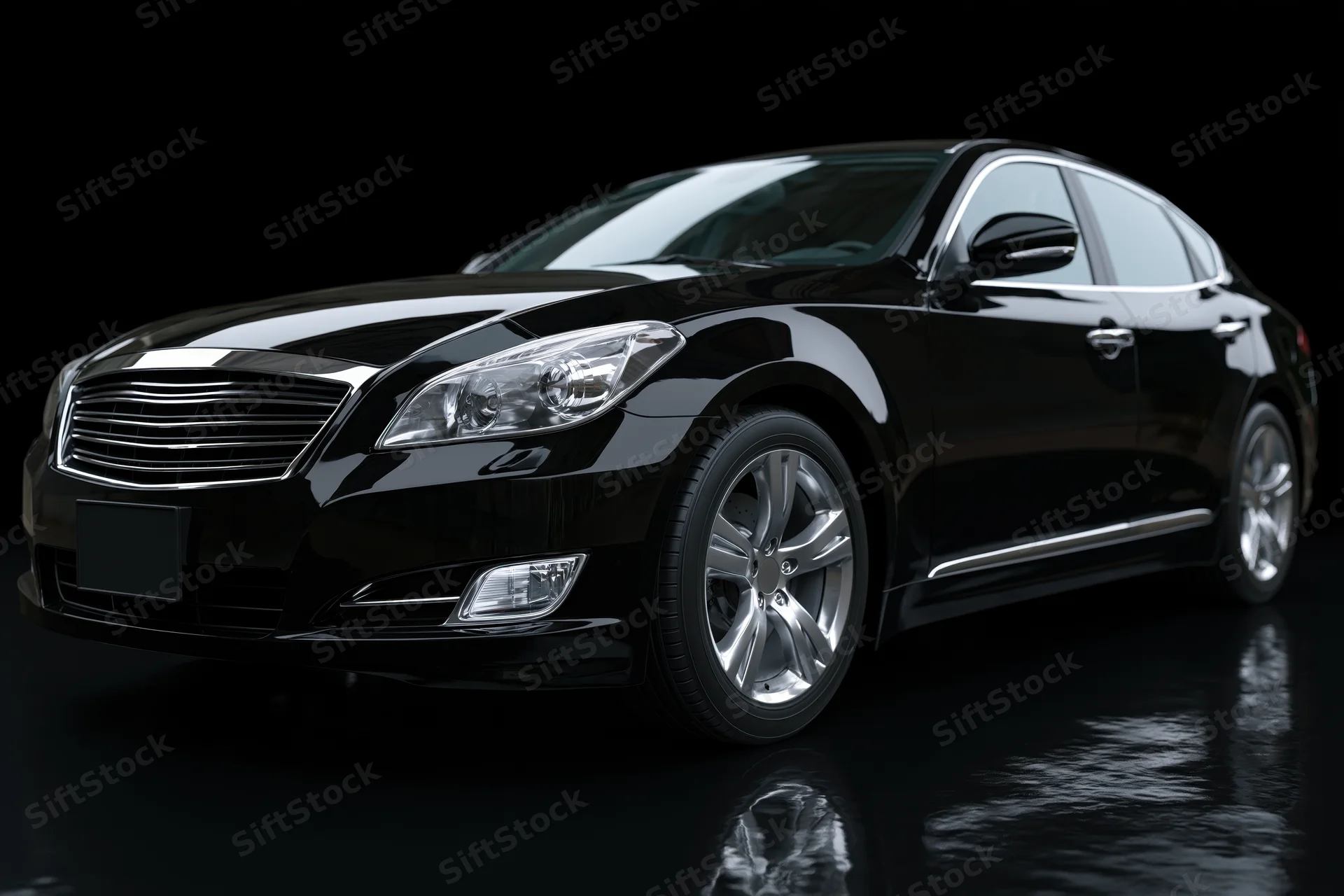 Black luxury sedan viewed from low front threequarter angle in dark studio with reflective floor
