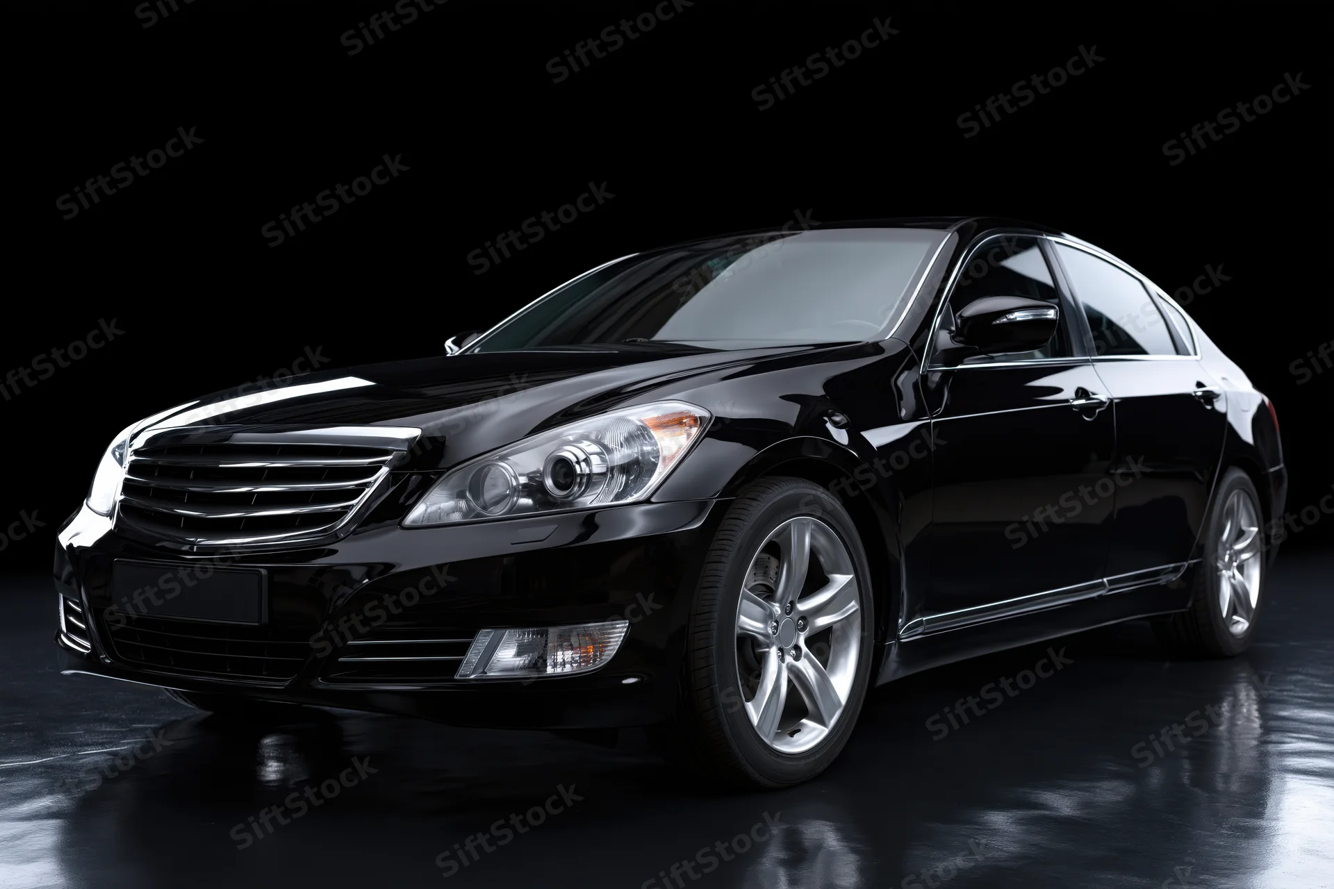 Black luxury sedan viewed from low front threequarter angle in studio setting