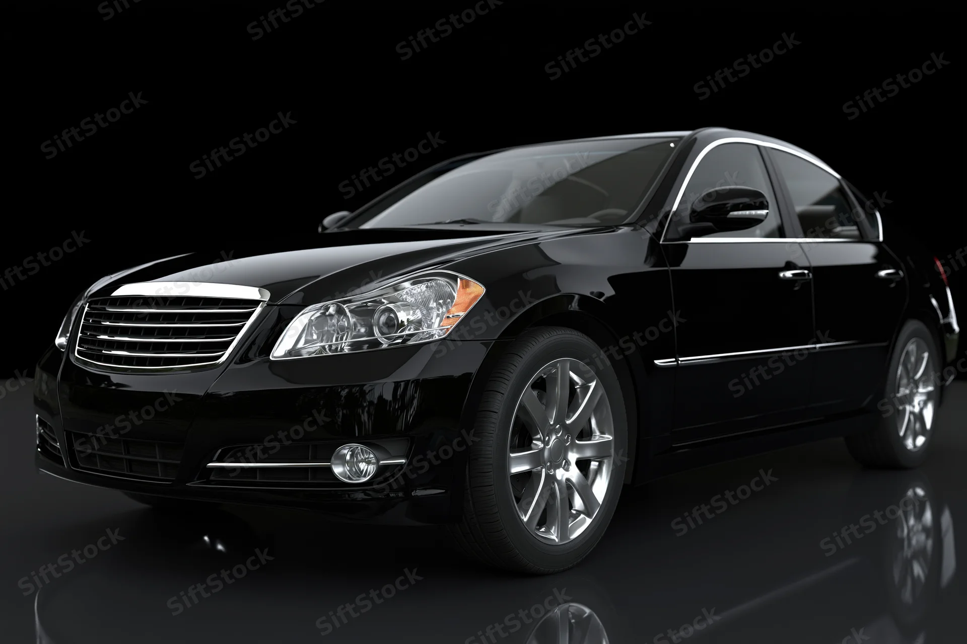 Black luxury sedan viewed from low front threequarter angle in studio with reflective floor