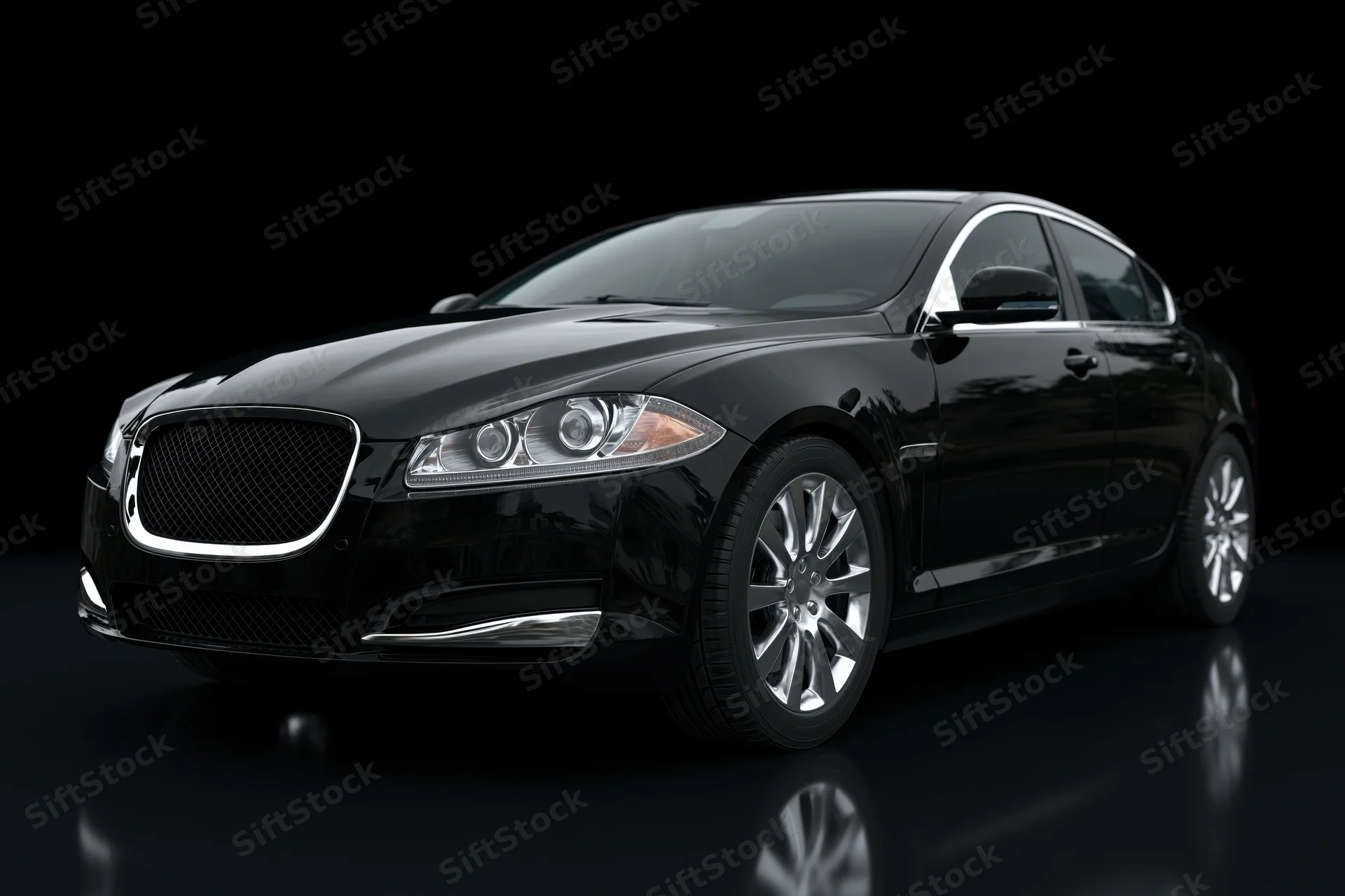 Black luxury sedan viewed from low front threequarter angle in dark studio with reflections on glossy floor