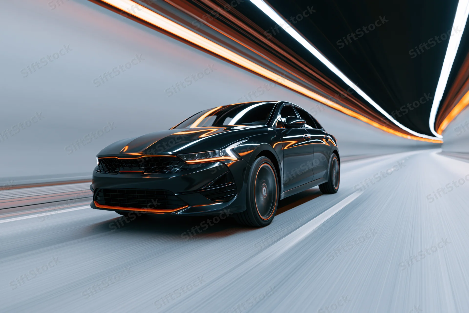Black luxury sedan with orange accent trim speeding through a tunnel with light streaks