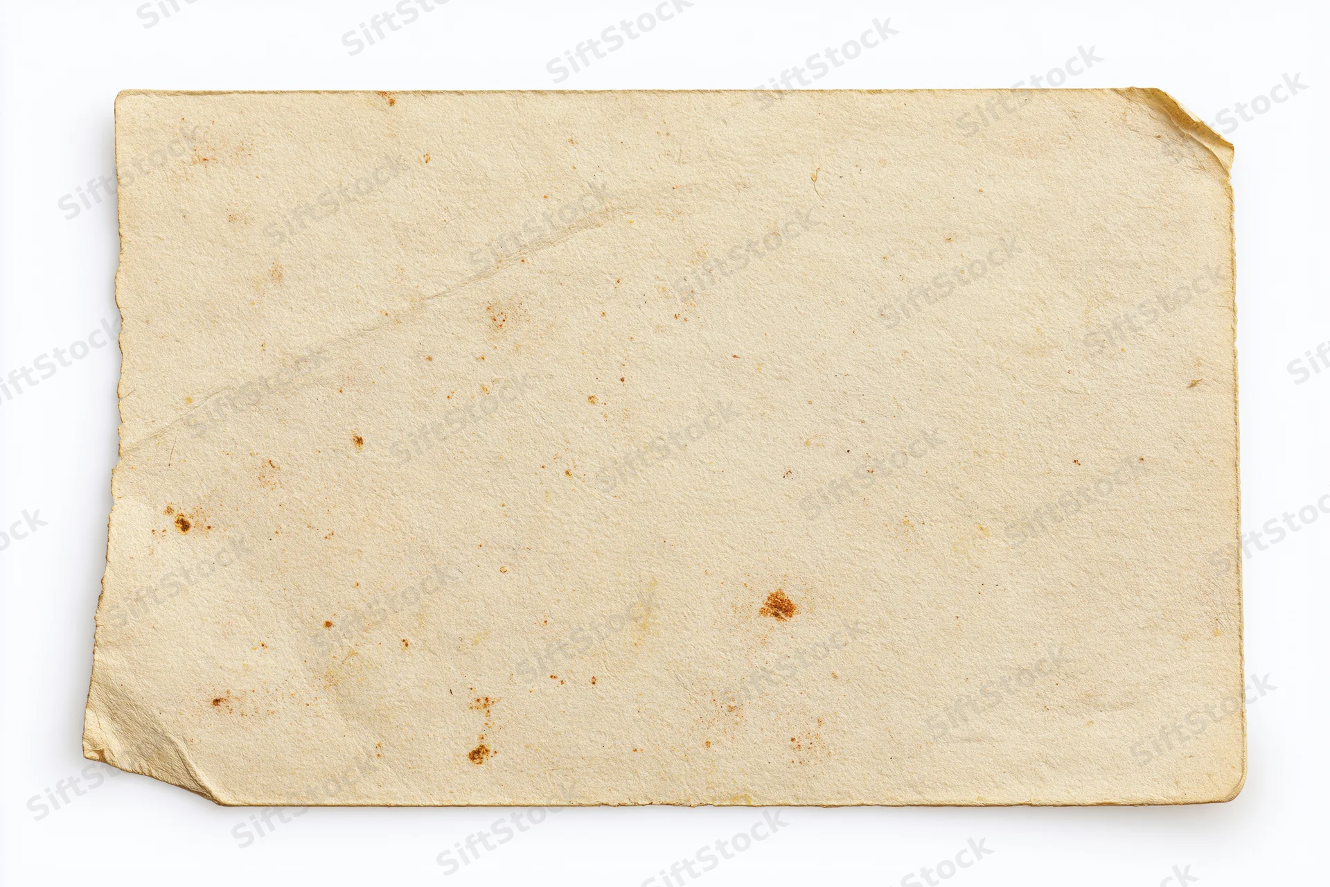 Blank vintage postcard lying flat on white background with torn edges and stains