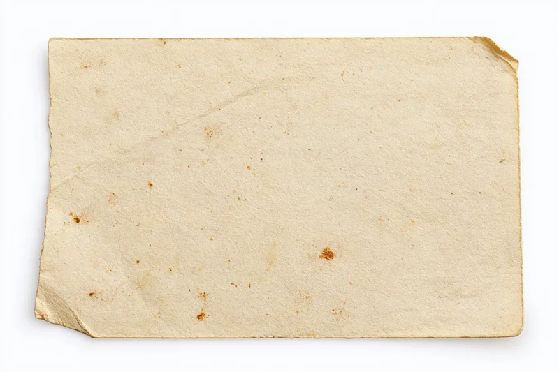 Blank vintage postcard lying flat on white background with torn edges and stains