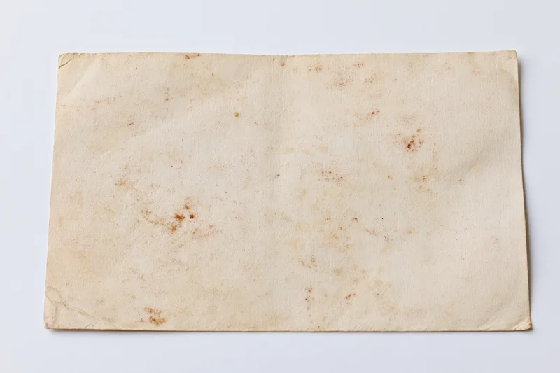 Blank vintage postcard lying flat on white background photographed straight-on
