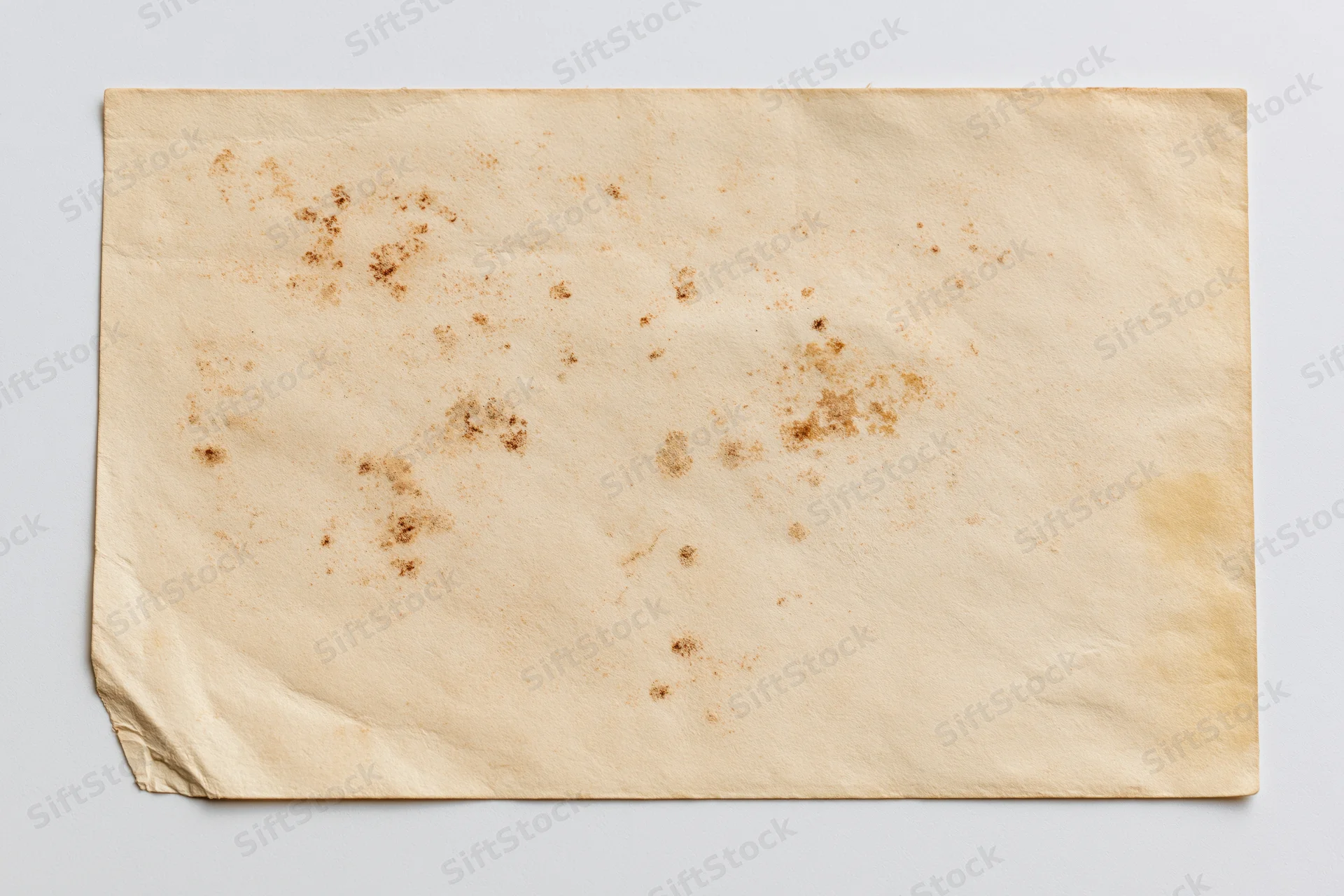 Blank vintage postcard lying flat on white surface with stains and creases