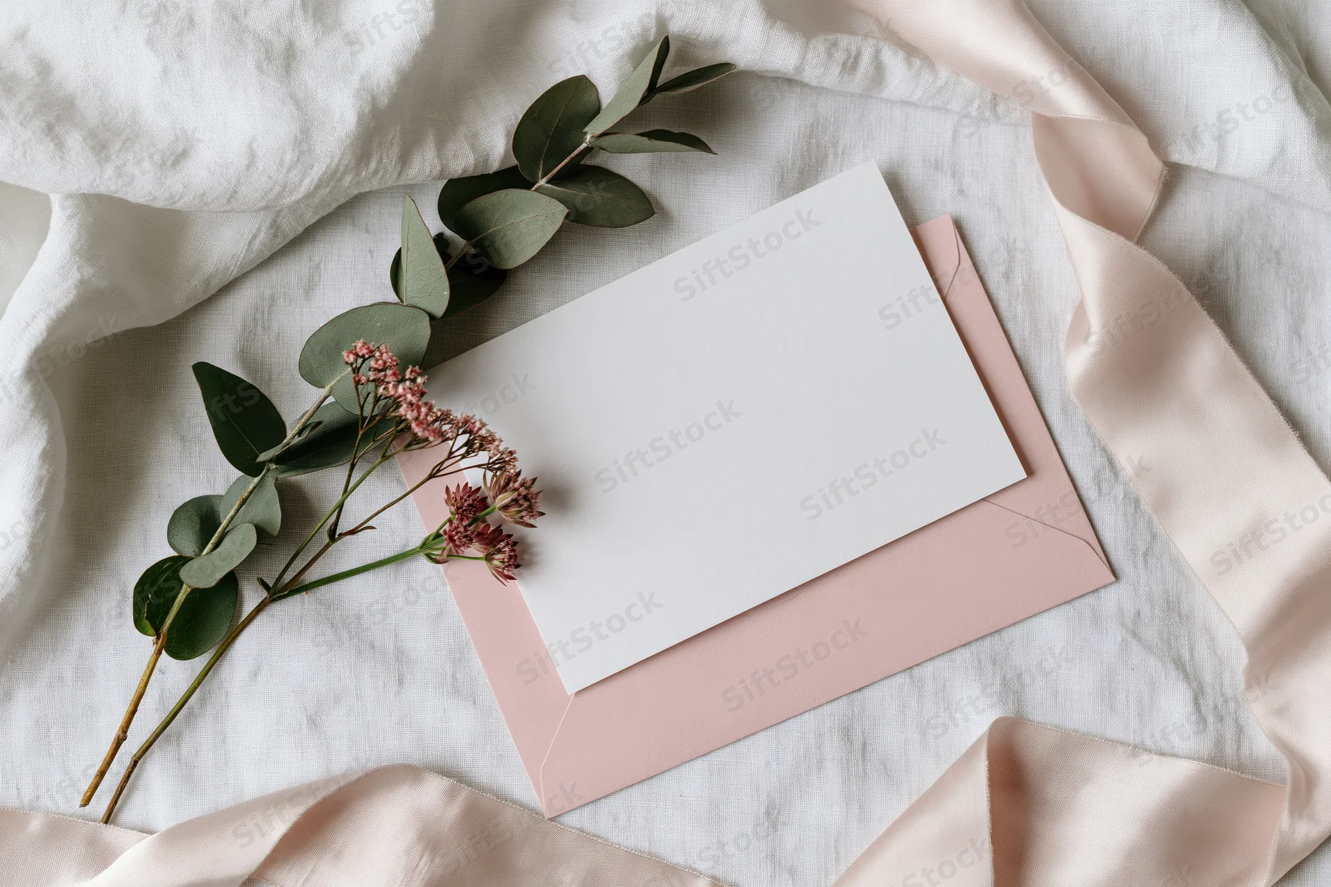Blank white card on blush pink envelope with eucalyptus and flowers on textured fabric