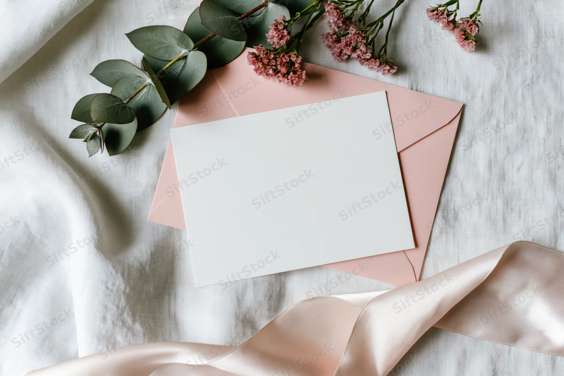 Blank white card on blush pink envelope with eucalyptus and pink flowers on white fabric, ribbon draped nearby