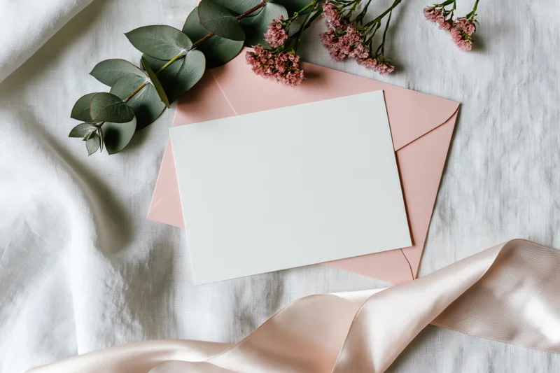 Blank white card on blush pink envelope with eucalyptus and pink flowers on white fabric, ribbon draped nearby