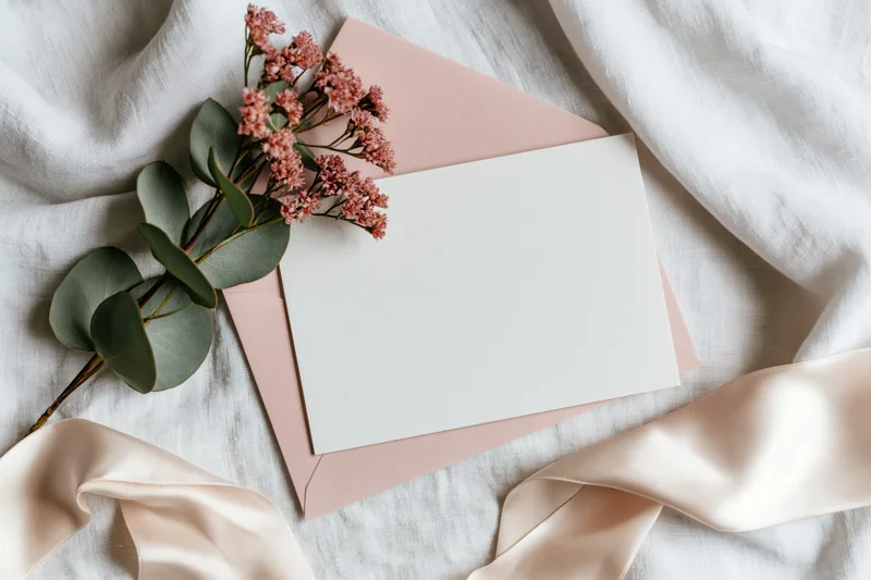 Blank white card on blush pink envelope with eucalyptus and pink flowers, ribbon, and fabric background