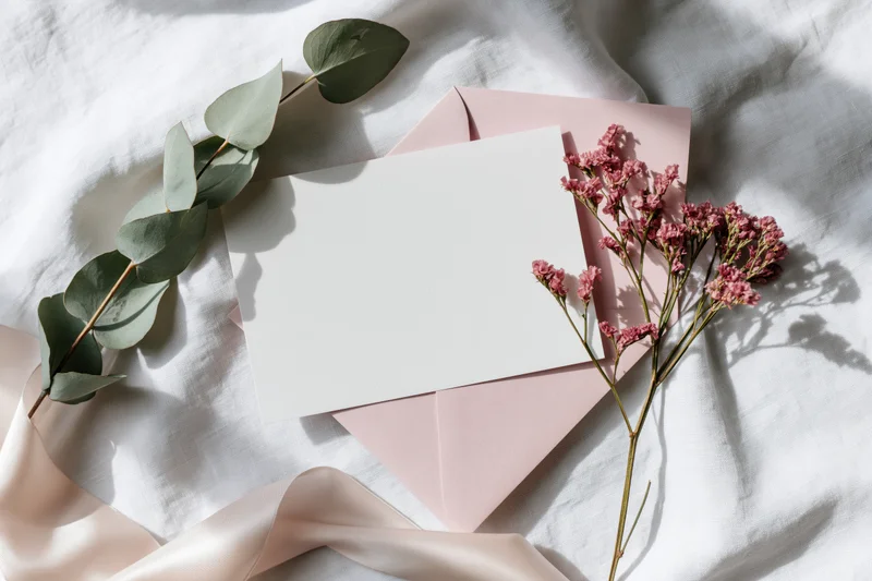 Blank white card on blush pink envelope with eucalyptus and pink flowers arranged on white fabric