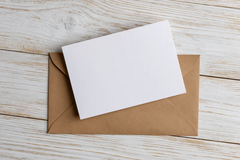 Blank white card resting on a kraft paper envelope on a wooden surface