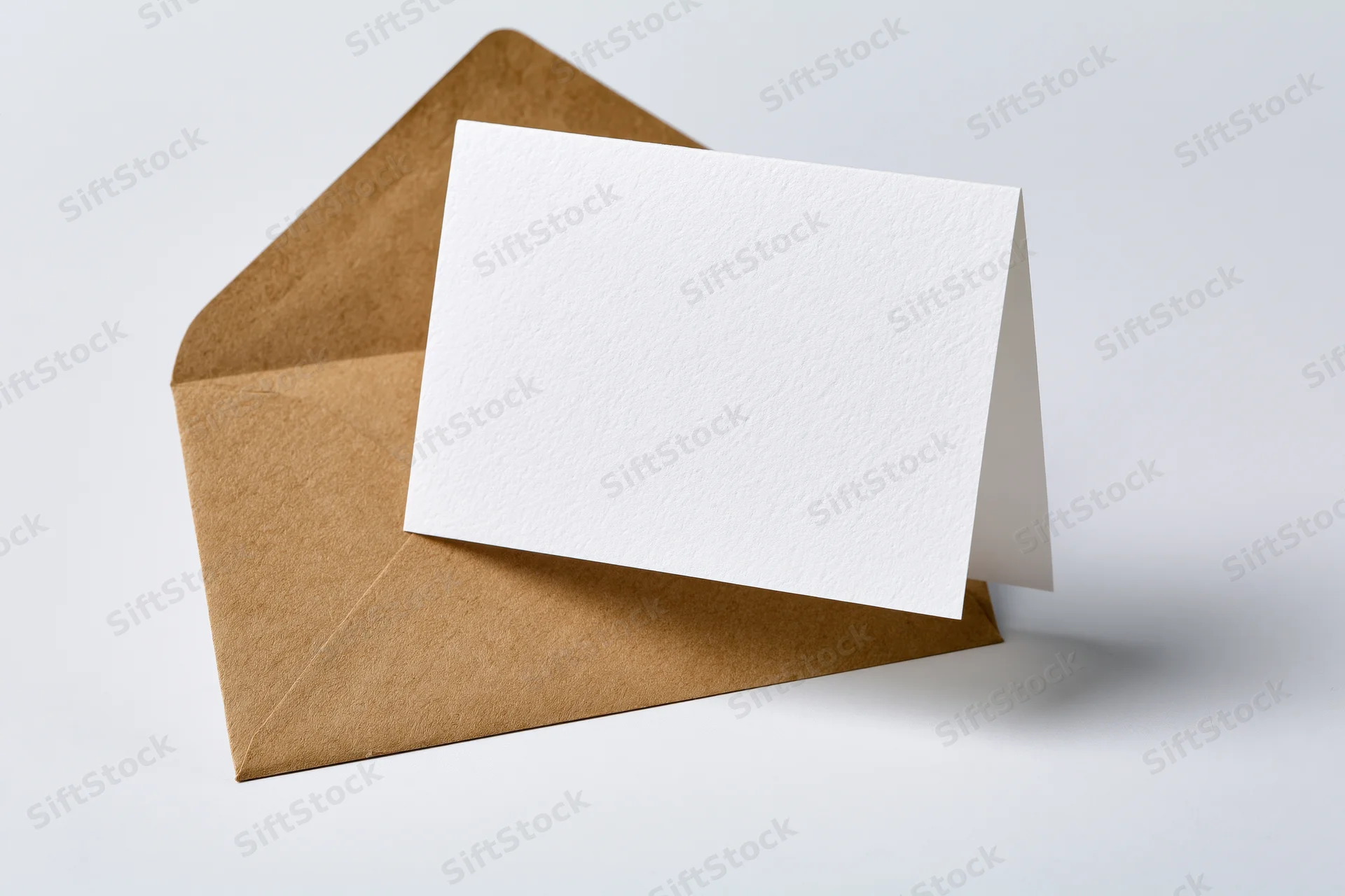 Blank white folded card leaning against open brown envelope on white surface