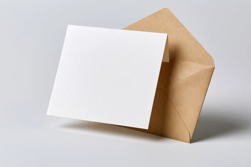 Blank white folded greeting card leaning against open brown kraft envelope on light surface