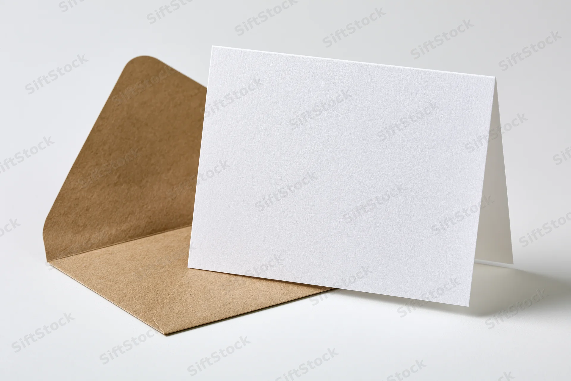 Blank white folded card standing upright beside open brown envelope on white surface
