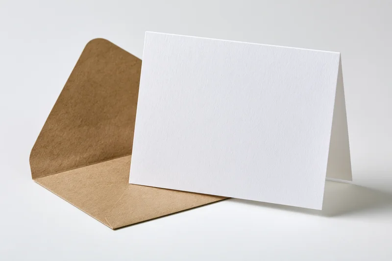 Blank white folded card standing upright beside open brown envelope on white surface