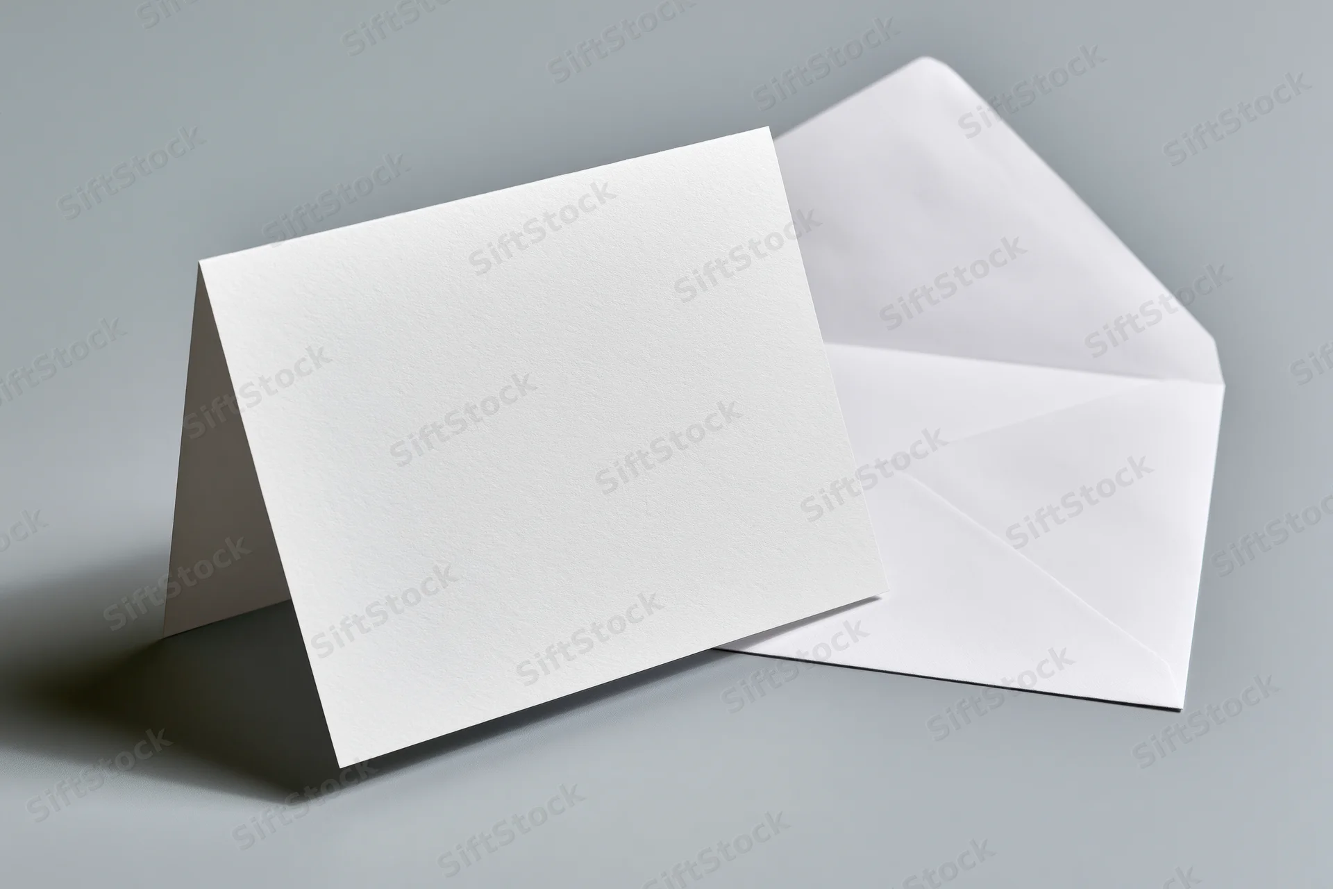 Blank white greeting card folded and leaning against an open white envelope on a gray surface