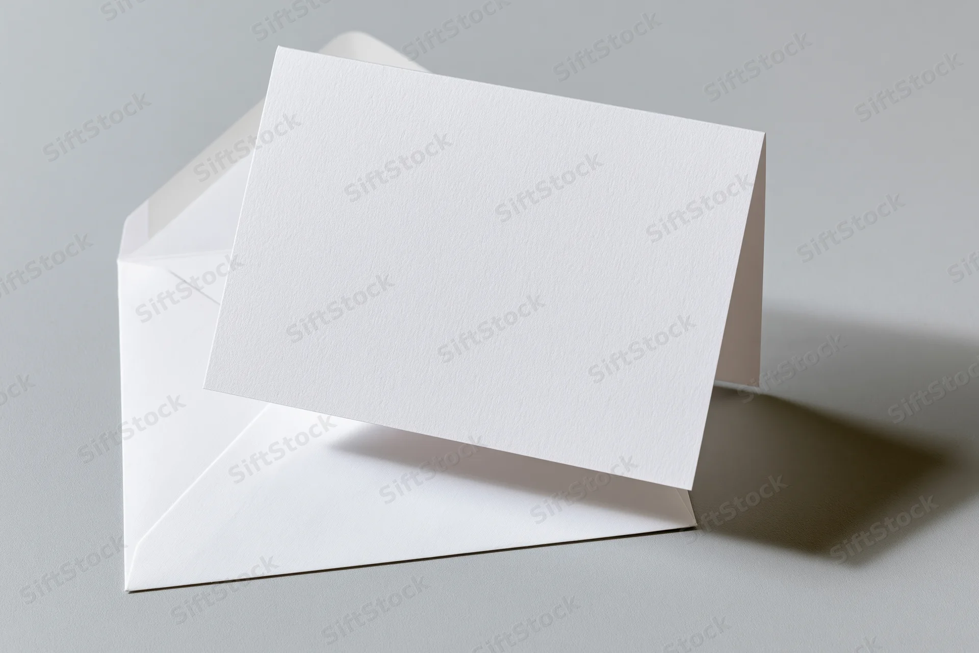 Blank white greeting card leaning against open white envelope on light surface