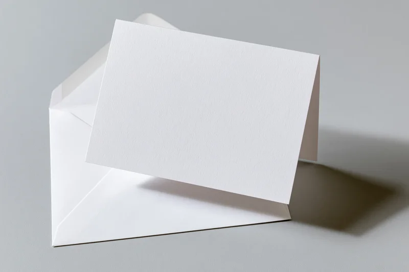 Blank white greeting card leaning against open white envelope on light surface