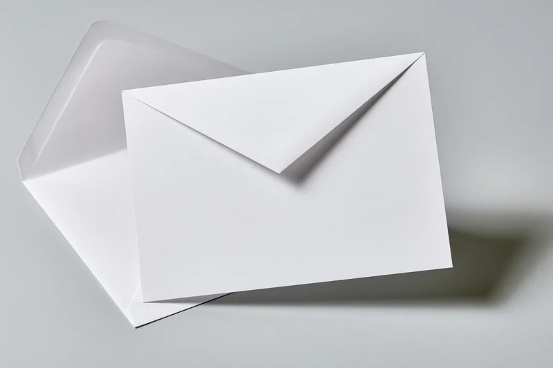 Blank white greeting card leaning against an open white envelope on a light gray surface