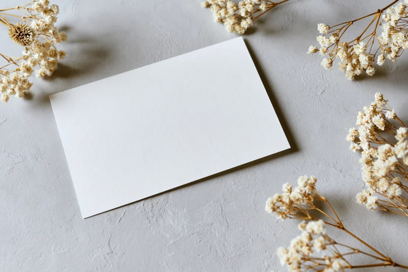 Blank white card lying flat on textured grey surface surrounded by dried gypsophila flowers