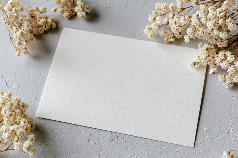 Blank white card lying flat on textured grey surface surrounded by dried baby's breath flowers