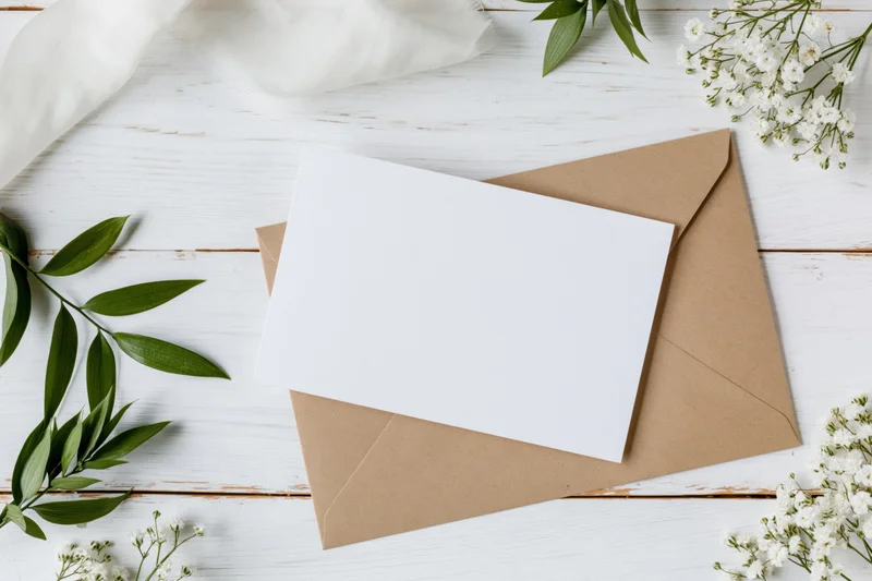 Blank white greeting card resting on kraft envelope with green leaves and white flowers on wooden surface