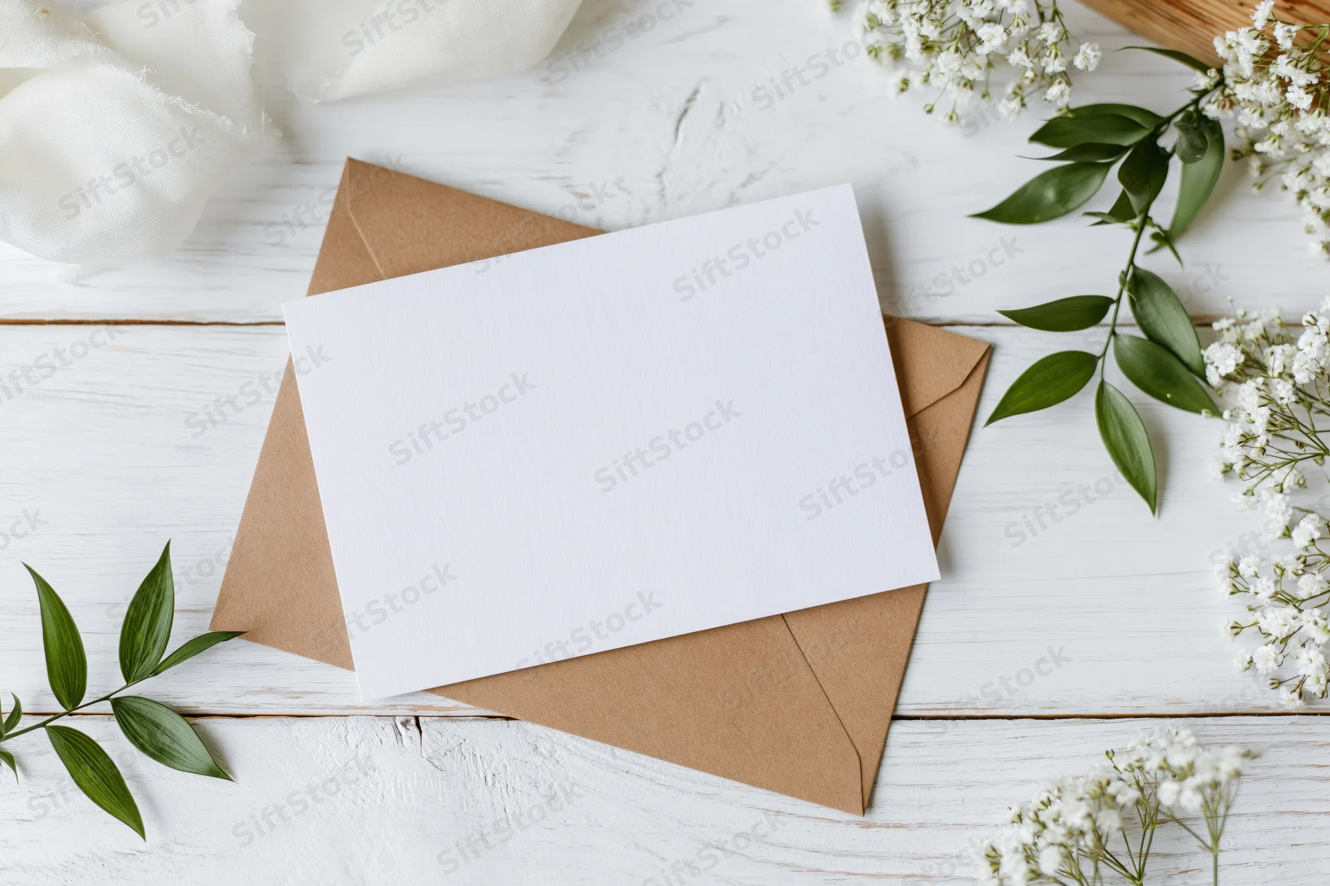 Blank white greeting card resting on a kraft paper envelope with baby's breath and green leaves on a white wooden table