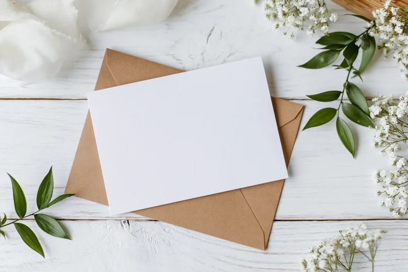 Blank white greeting card resting on a kraft paper envelope with baby's breath and green leaves on a white wooden table