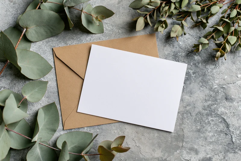 Blank white greeting card resting on kraft envelope with eucalyptus leaves on gray stone surface
