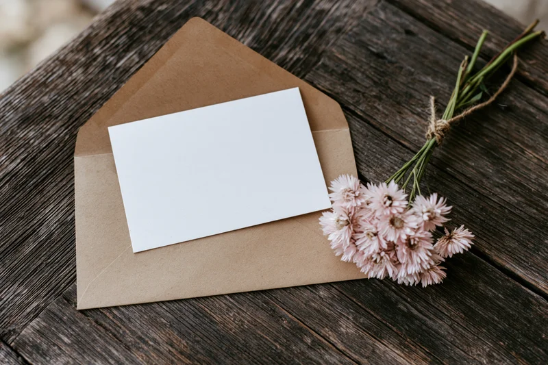Blank white greeting card resting on open kraft paper envelope with pink dried flowers on wooden surface