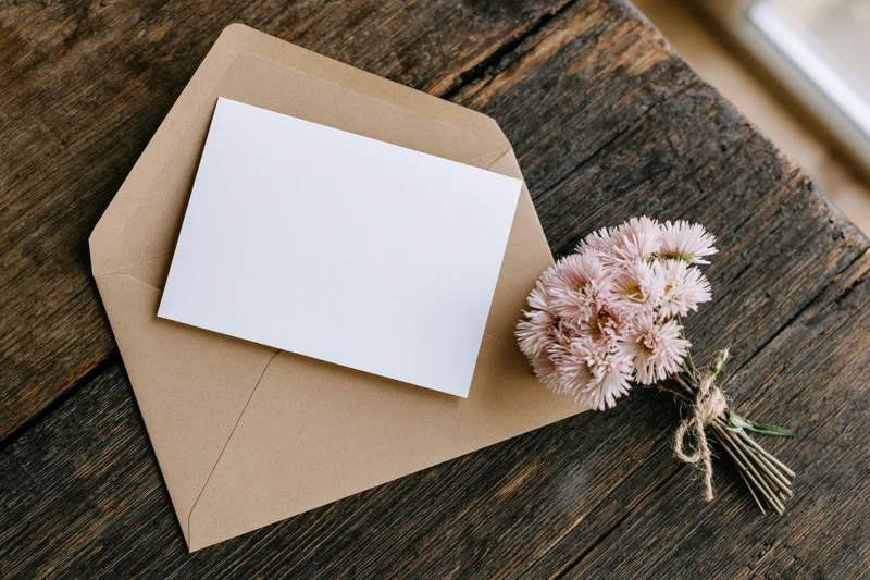 Blank white greeting card resting on open kraft envelope with pink dried flowers on wooden surface