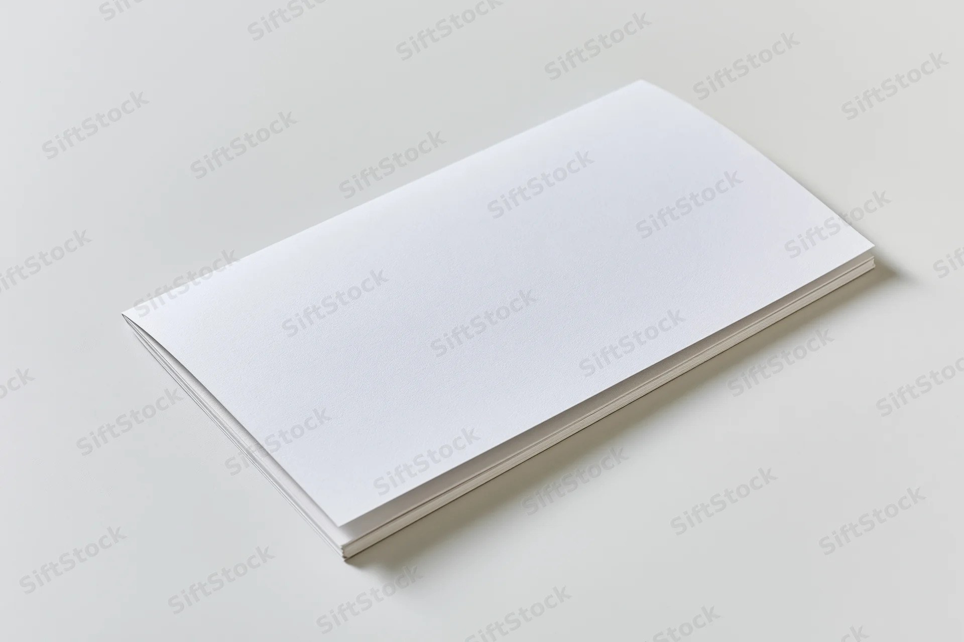 Blank white rectangular brochure lying flat on a plain surface with visible fold and edge stack