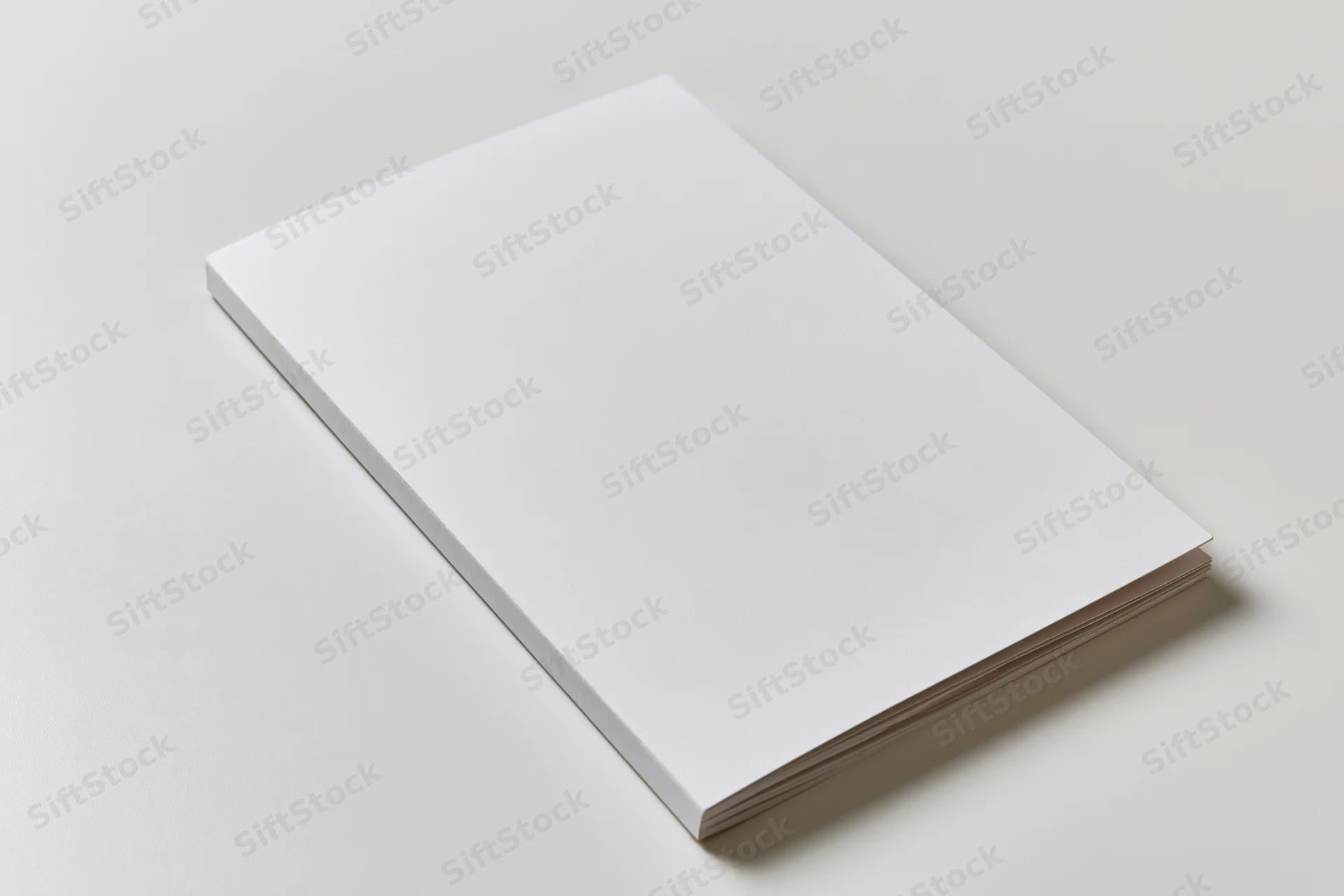 Blank white rectangular brochure lying flat on a light surface with visible pages and clean edges